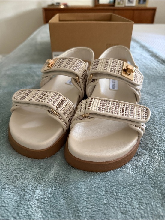 Steve Madden Shoes - Steve Madden Cream Raffia Double-Strap Sandals with Gold Accents